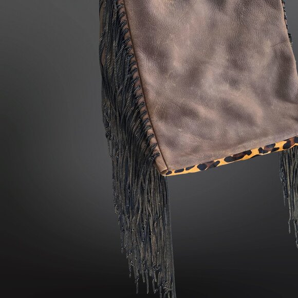 House Of Harlow 1960 Boho Brown Leather Leopard Calf Hair Bag Chain Fringe 2012 - Picture 7 of 11